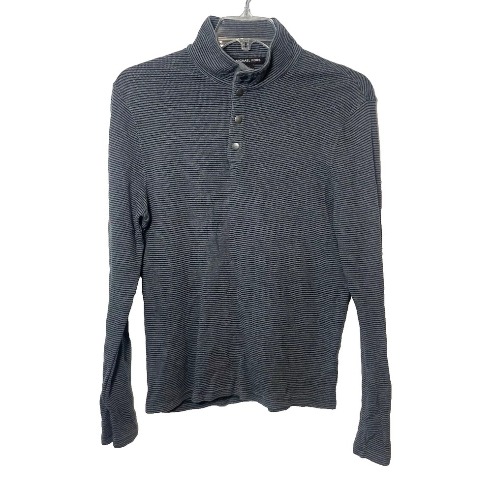 Michael Kors Gray Striped Long Sleeve Pullover Sweater Mens‎ L Snap High Neck